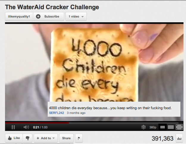 youtube comment meme funny youtube comments - The WaterAid Cracker Challenge imyquality1 Subscribe 1 video 4000 Children die every 4000 children die everyday because...you keep writing on their fucking food. SERFL242 3 months ago Il 1 $ 360p Add to 391,36
