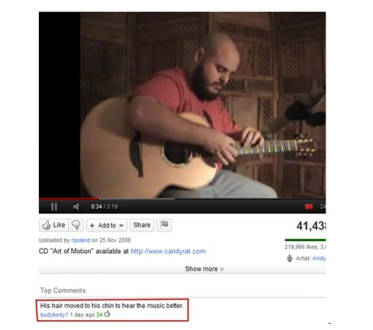 youtube comment smart ass youtube comments - Il 0.34 Add to Uploaded by poland on Cd "Art of Motion available at 41,43 219.905 kes 34 Artist Andy Show more Top His hair moved to his chin to hear the music better. budybody 1 day ago 340