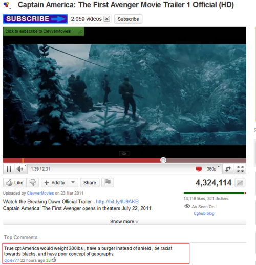 youtube comment captain america the first avenger snow - Captain America The First Avenger Movie Trailer 1 Official Hd Subscribe 2 .059 videos Subscribe Click to subscribe to Clevvervlovies! 360p 4,324,114 11 231 Add to Uploaded by Clevverlovies on Watch 