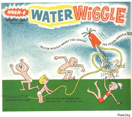 The Water Wiggle was a cheap amendment to an everyday garden hose and turned it into a wild  wacky sprinkler. However, it fell apart easily and the rough inner metal made the flailing hose a thrashing snake with very un-fun teeth.