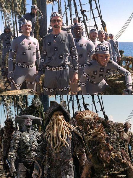 Some characters from Pirates of Caribbean: Dead Man's Chest before and after computer editing.