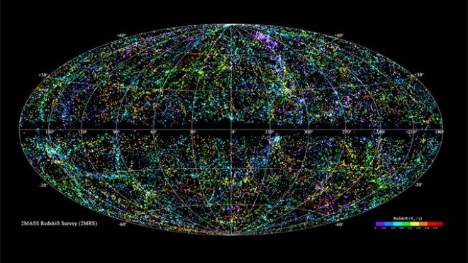 Map of the universe. "Astronomers have created the most complete 3-D map of our local universe, revealing new details about our place in the cosmos. The map shows all visible structures out to about 380 million light-years, which includes about 45,000 of our neighboring galaxies the diameter of the Milky Way is about 100,000 light-years across."

