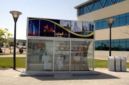 Air-conditioned bus stop, presumably near Burj Al Arab hotel in Dubai 