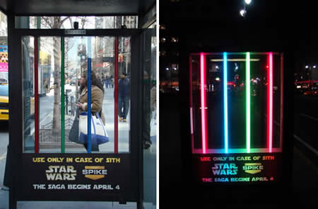 This Star Wars "faux light saber" bus stop ad lights up at night. 