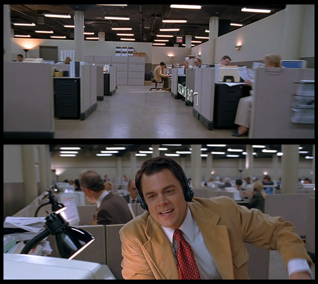 The Ringer (2005) - Can see over the office walls (see bottom picture to compare), revealing the stage setting.