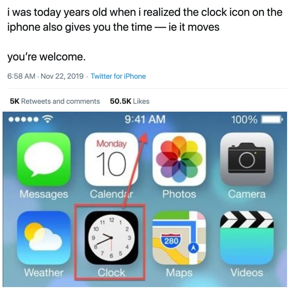 ios7 new design - i was today years old when i realized the clock icon on the iphone also gives you the time ie it moves you're welcome. Twitter for iPhone 5K and 100% Monday 10 Messages Calendar Photos Camera 2 9 3 280 4 5 6 Weather Clock Maps Videos