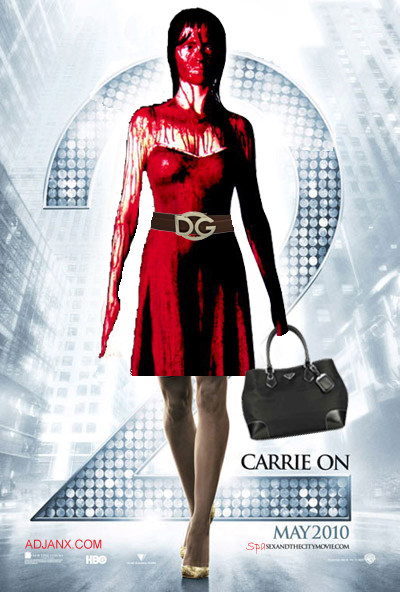 Spoof on the new Sex and the City 2 movie poster designed by Phil Autelitano of Adjanx.com.  Carrie White --played by Sissy Spacek in the 1976 movie "Carrie" -- replaces Carrie Bradshaw... and she's hittin' the town to make red goo fashionable.
