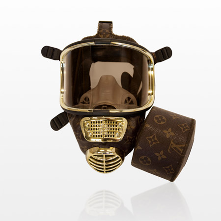 This is a set of designer gas masks made for rich people that need protection from lethal gases in the coming apocalypse. Because if there's one thing I've learned in life, it's that Louis Vuitton accessories are a must when you've been attacked with poison gas. Unfortunately these are not real commercial products, they're gallery pieces
