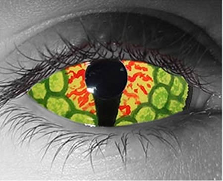 This Dragon Eye contact lens is a full sclera covering contact lens that has a neon green and dark green outside that looks like the scales of a dragon or a lizard. The inside has a black cat eye type pupil with orange and black speckles like a dragon egg.     If you want to buy the Dragon Eye contact lenses, they're not cheap. They're particularly not inexpensive because they are usually hand painted and they are full sclera contact lenses. If you've never used contact lenses, Dragon Eyes are probably not for you since getting a full scleral contact lens into your eye is very difficult. The Dragon Eye Contacts are currently priced at $219.99  