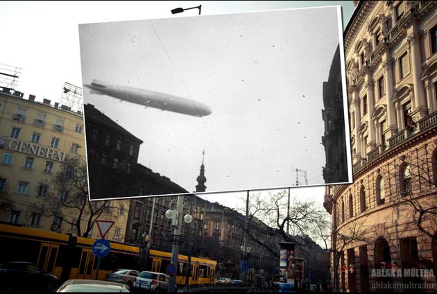 A Zeppelin from 1931 floats into a shot taken in Budapest in 2012.