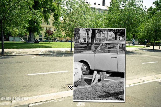 A woman under a car in Budapest in 1971 the scene around her is from 2013.