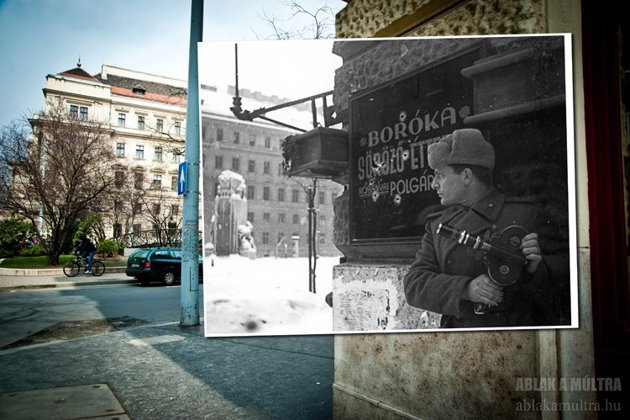 A soldier peers around a corner, looking from 1945 into 2013.