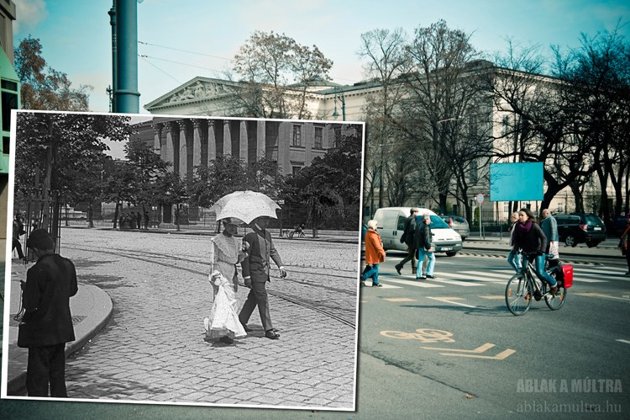 A couple with an umbrella strolls from 1900 into 2013.