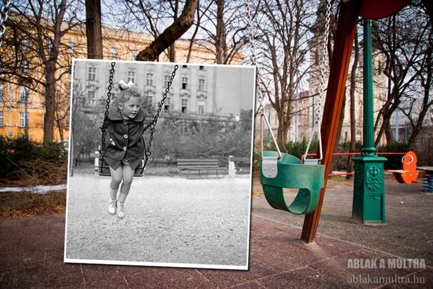 The little girl on the swing was a child in 1959 the color photograph was taken in 2013.