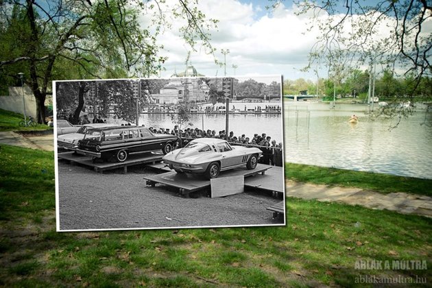 Cars from 1969 park near a lake in 2013.