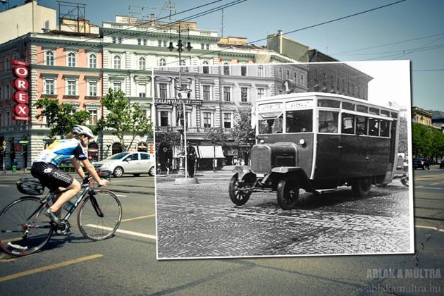 An old bus, circa 1927, shares the road with a cyclist from 2013.