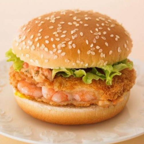 Japan - The Ebi Filet-O is a shrimp burger: Penaeus Vannamei whiteleg shrimp, Ebi sauce shrimp tempura sauce, mustard,  lettuce