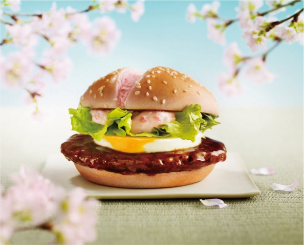 Japan - Sakura Teritama is a pork patty seasoned with ginger flavored Teriyaki sauce, cooked egg, lettuce and Sakura radish blended mayonnaise on Sakura-colored bun with hint of Sakura aroma. A perfect sandwich for spring with cherry blossoms in full bloom!