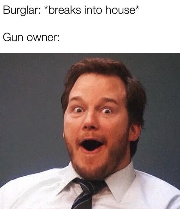 excited meme - Burglar breaks into house Gun owner