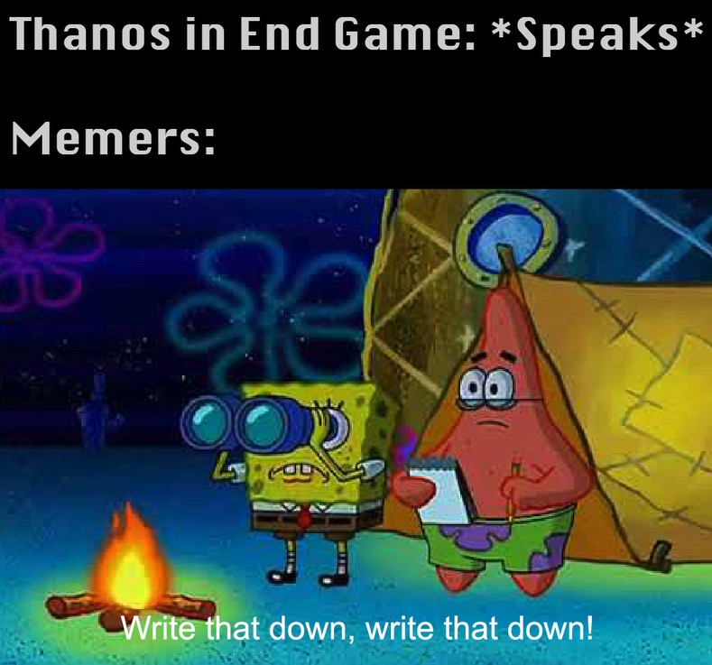 thanos speaks meme - Thanos in End Game Speaks Memers Write that down, write that down!