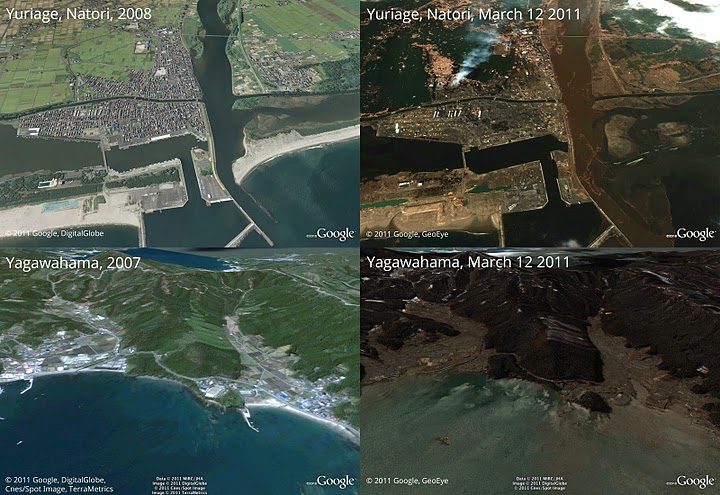 Satellite imagery before and after tsunami.