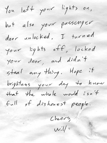 Here is a letter left inside a car by an honest passerby...