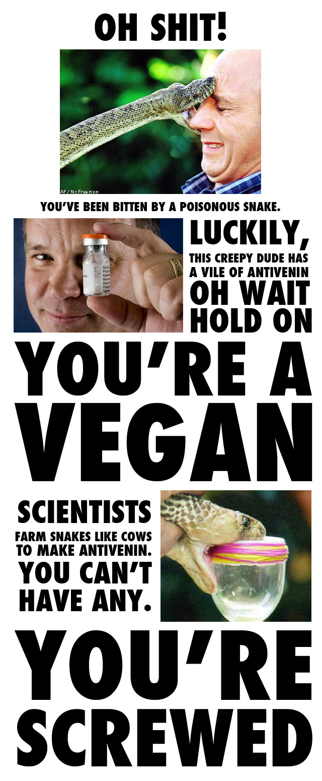 random pic vegan snake bite - Oh Shit! Ap Ric Frearson You'Ve Been Bitten By A Poisonous Snake. Luckily, This Creepy Dude Has A Vile Of Antivenin Oh Wait Hold On You'Re A Vegan Scientists Farm Snakes Cows To Make Antivenin. You Can'T Have Any. You'Re Scre