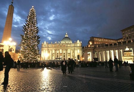 In addition to the Vatican 's heavenly evergreen, St. Peter's Square in Rome hosts a larger-than-life nativity scene in front of the obelisk.