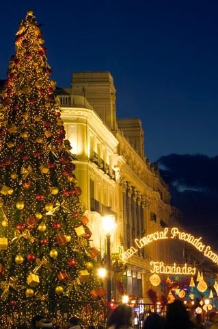 The Christmas tree that greets revelers at the Puerta del Sol is dressed for a party. Madrid 's two-week celebration makes millionaires along with merrymakers. On Dec. 22, a lucky citizen will win El Gordo (the fat one), the world's biggest lottery.