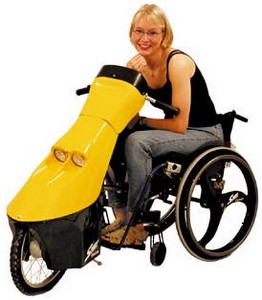Yellow uncool self peddle wheelchair.