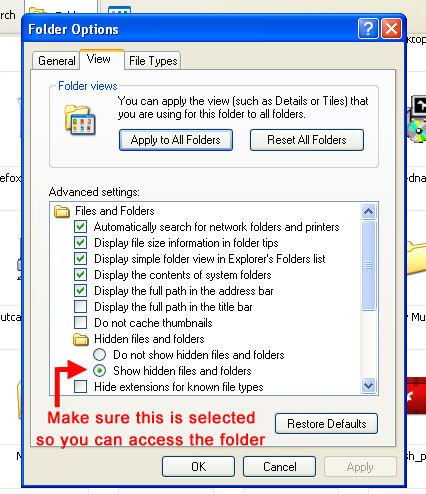 Go to TOOLS, OPTIONS, and select the VIEW tab, and check SHOW HIDDEN FILES AND FOLDERS