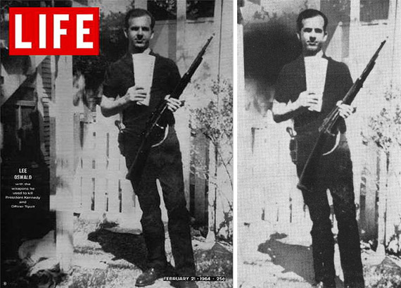 Oswald depicted with an added scope on his rifle to make it look more like the one in the assassination of JFK. Original is on the right.