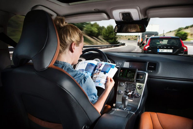 Volvo will release its self-driving car in 2014, so women driver can continue to text, do their make up, and read magazines while driving, without crashing every time.