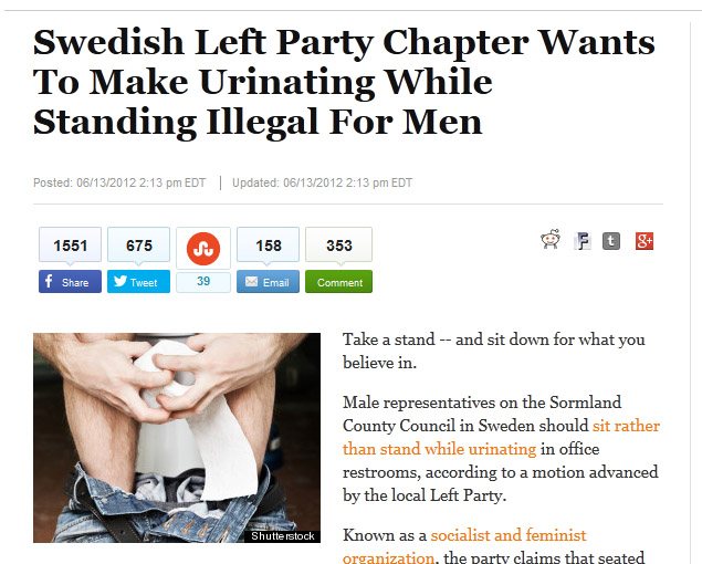 times feminism went too far - Swedish Left Party Chapter Wants To Make Urinating While Standing Illegal For Men Posted 06132012 Edt | Updated 06132012 Edt 675 158 353 1551 f y Tweet 39 Email Comment Take a stand and sit down for what you believe in. Male 
