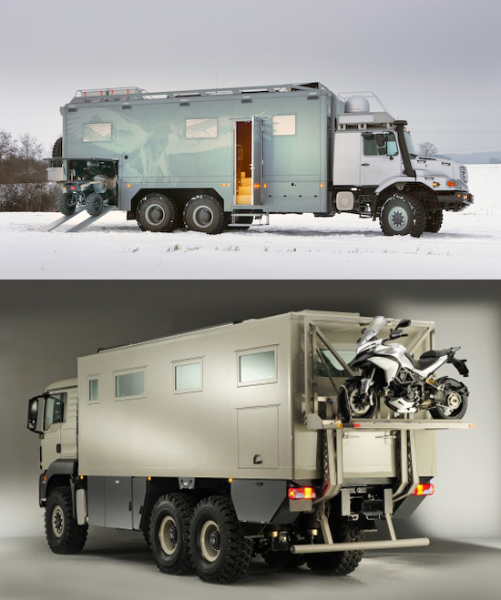 The super camper. Big, off road trucks, with living quarters, and even bike or quads so you don't have to drive around with this big gas guzzler all the time. It's not well armored, but probably too tall for zombies. You better stay far from survivors, as they'd want in.