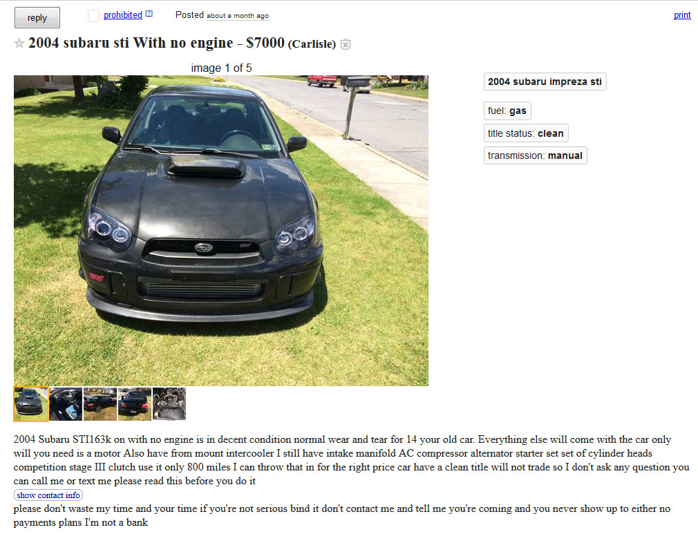 $7000 for a car with no engine