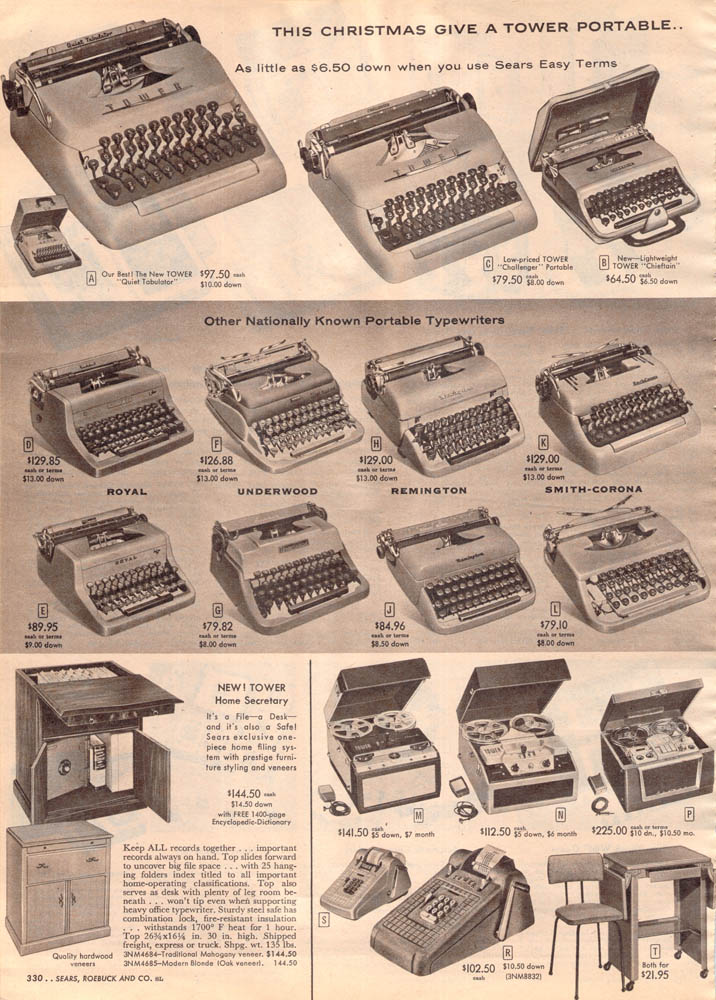 typewriter catalogue - This Christmas Give A Tower Portable.. As little as $6.50 down when you use Sears Easy Terms Innon A Our Bell New Tower $97.50 $10.00 down al Low priced Tower Challenger" Portable $79.50 1.00 down $64.50 $8.50 down Other Nationally 