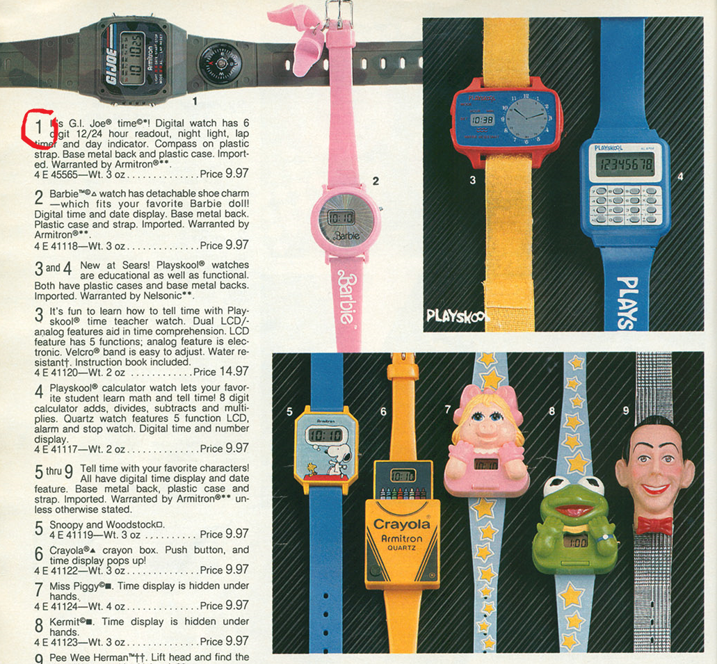 12995648 Price 9.97 Barbie Plays Player 1 Gl. Jo meo Digital watch has 6 10 1224 hour readout night light, lap og and day indicator Compass on plastic strap. Base metal back and plastic case Import ed Warranted by Armitron 4 E 45565WL 3 Oz Price 9.97…
