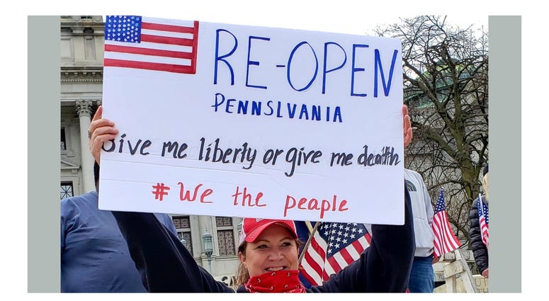 misspelled covid protest signs - IreOpen Pennslvania Give me liberty or give me death # We the peaple