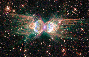 The Ant Nebula, a cloud of dust and gas whose technical name is Mz3, resembles an ant when observed using ground-based telescopes. The nebula lies within our galaxy between 3,000 and 6,000 light years from Earth.   