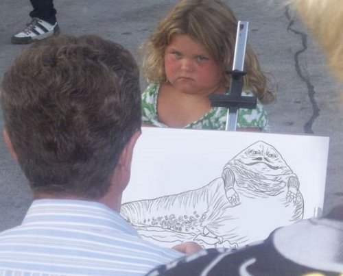 Cartoonists draws a little girl as Jabba The Hut.