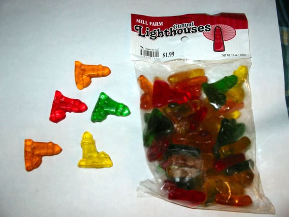 gummy lighthouses. what a terrible idea, not to mention that they look like something else.