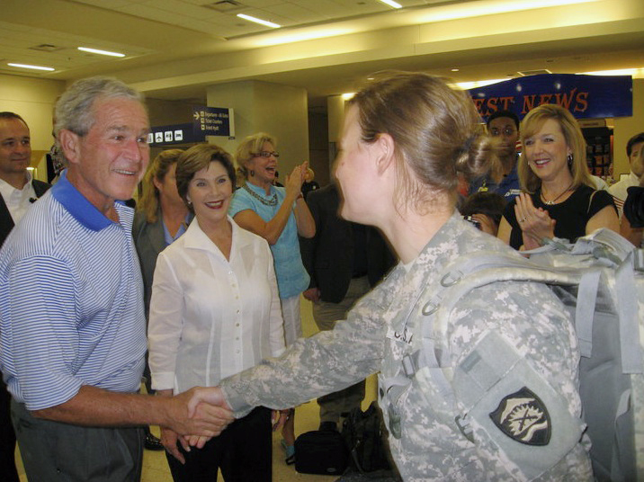 Many organizations and groups in our city meet at DFW Airport to greet and thank troops as they return from duty. George and Laura Bush showed up today to do the same. No press, no security, nothing. They showed up just like they were any two other people doing the same.