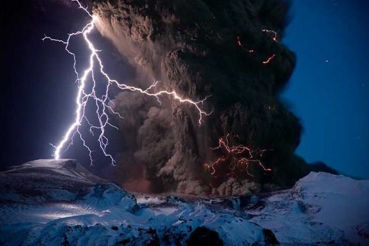 lightning over Eyjafjallajokull volcano