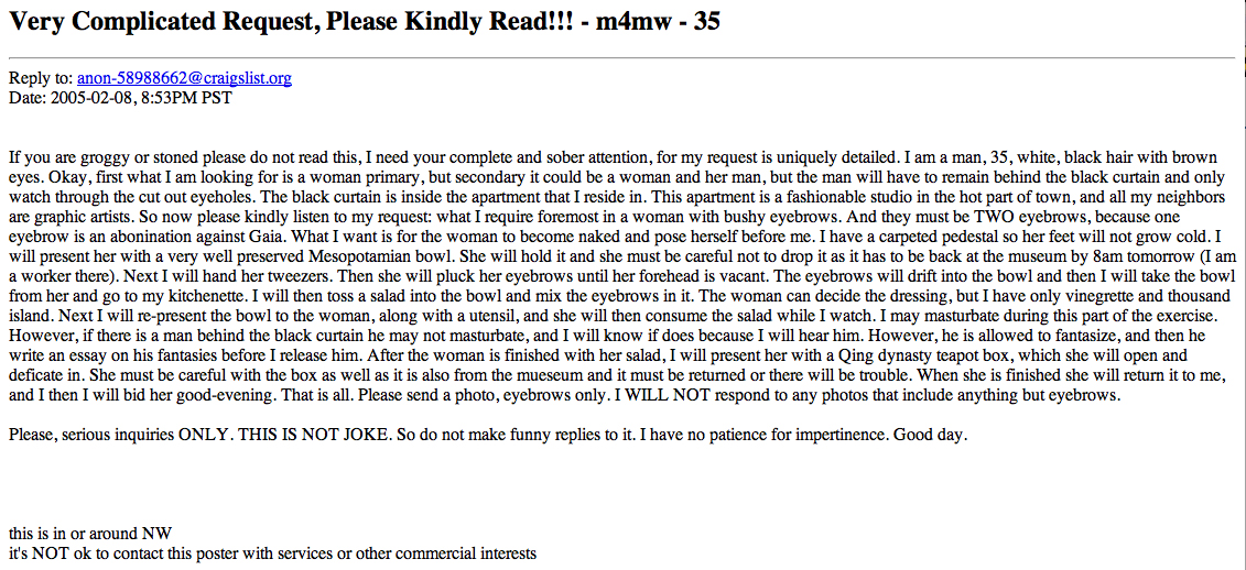 this is an unbelievable post from Craigs list.