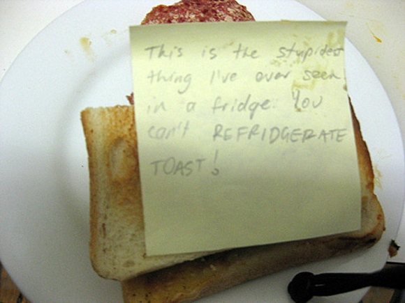 angry notes to roommate - This is the stupided thing I've ever seen! in a fridge you I can't Refridgerate Toast!