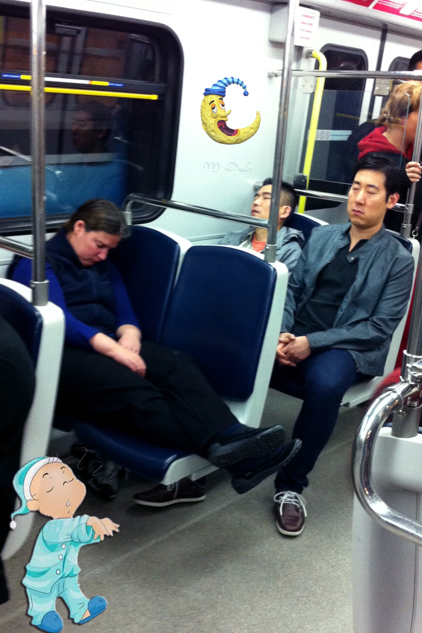 Tired and passed out commuters on late night skytrain