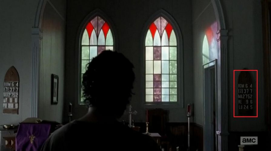 Season 5, Episode 3: The bible verses in Father Gabriel's church all have some kind of reference to resurrection or the living among the dead.