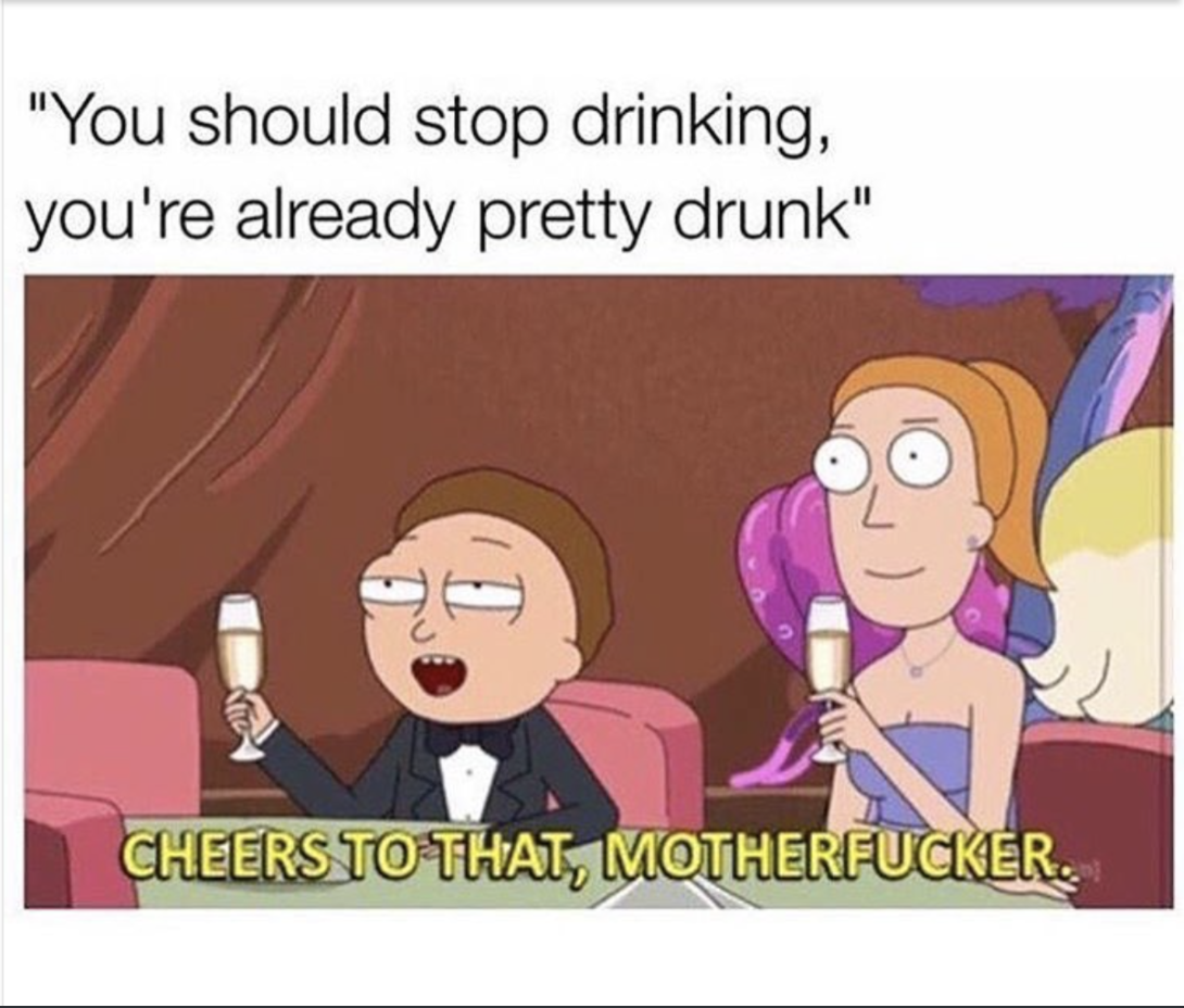 memes - rick and morty meme cheer - "You should stop drinking, you're already pretty drunk" Cheers To That, Motherfucker.