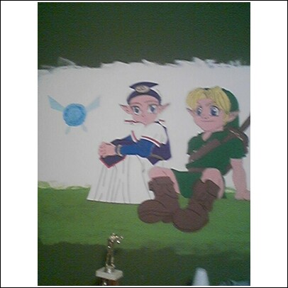 this is a painting of zleda, link, and navi on a grassy knoll, its 3 feet across